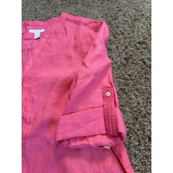 NWT CHARTER CLUB Pink 100% Linen button Front Blouse Top Roll Tab Sleeve LARGE - Picture 4 of 9
